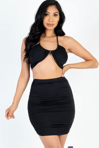 Sexy Solid Crisscross Halter Top & Ruched Mini Skirt Set